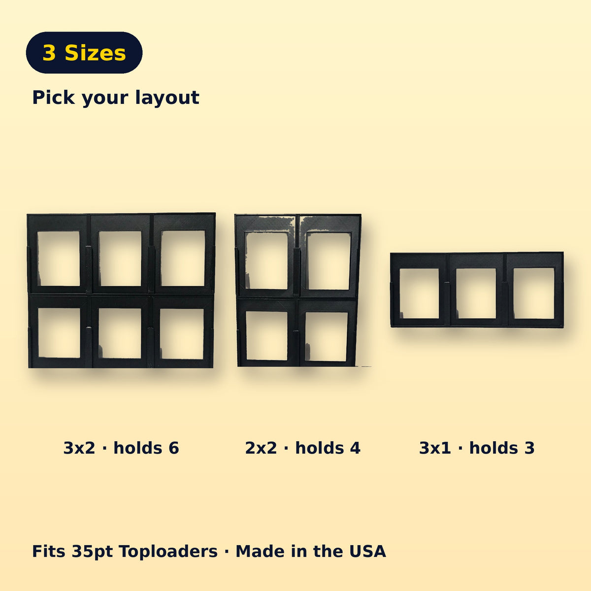 Toploader wall display size guide: 3x2 holds 6, 2x2 holds 4, 3x1 holds 3