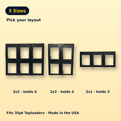 Toploader wall display size guide: 3x2 holds 6, 2x2 holds 4, 3x1 holds 3
