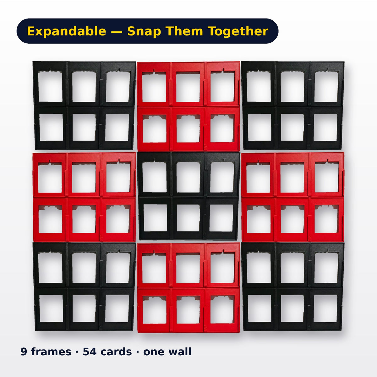 Expandable 3x3 wall of black and red toploader display frames, 54 cards