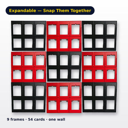 Expandable 3x3 wall of black and red toploader display frames, 54 cards
