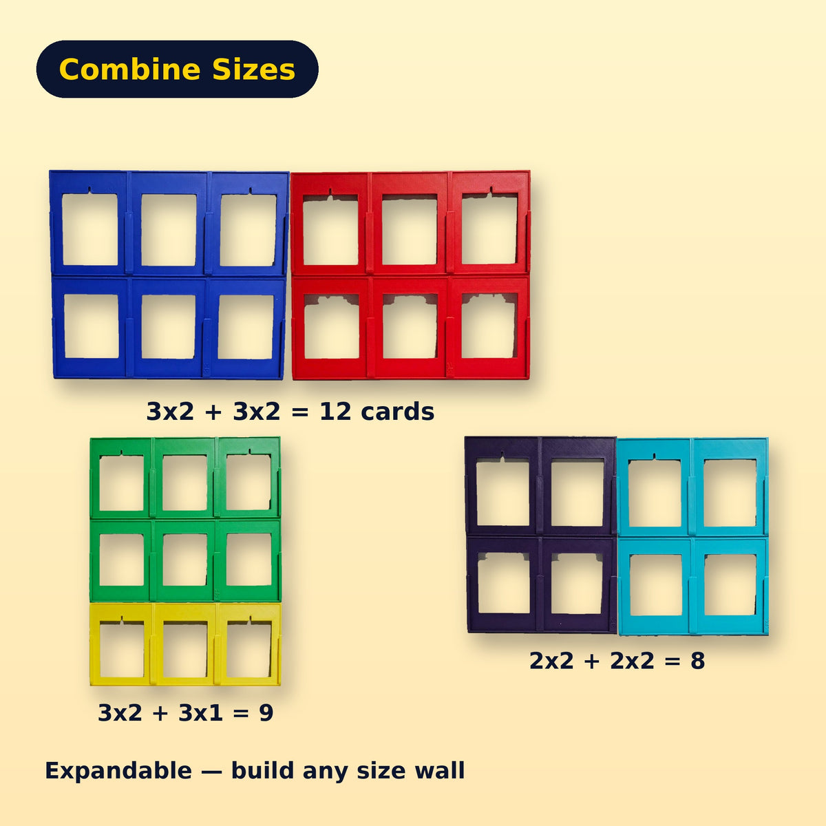 Combine toploader frame sizes: 3x2+3x2 = 12 cards, 3x2+3x1 = 9, 2x2+2x2 = 8